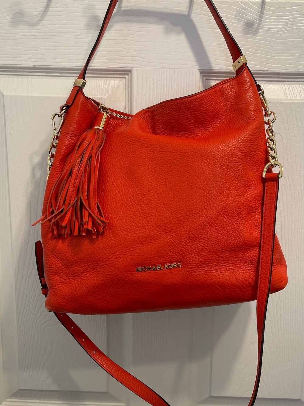Michael Kors Orange-Red Pebbled Leather Shoulder Bag with Tassel